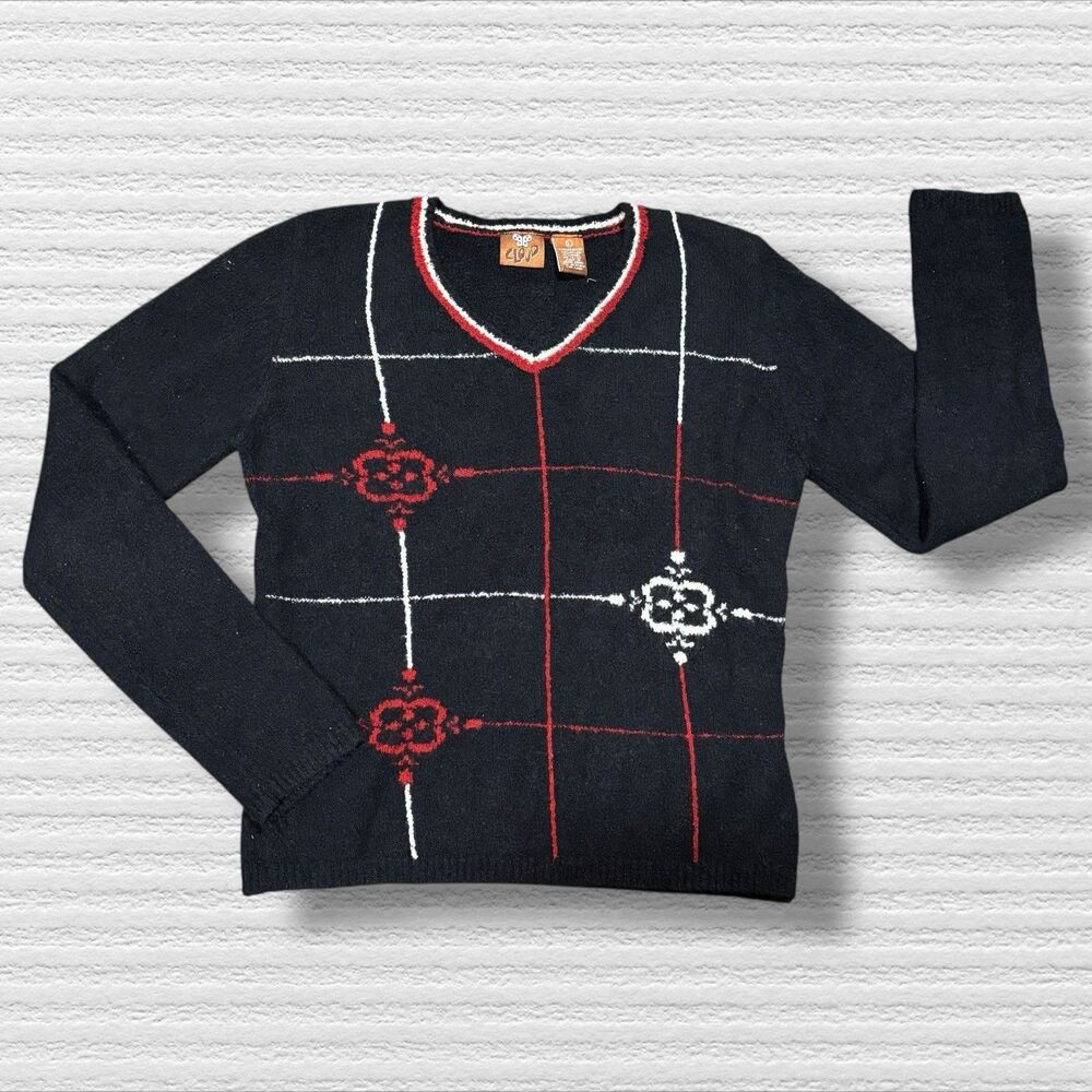 Vtg 80s Retro Cloud Sweater L Black Red White Knit Preppy Grunge Hong Kong